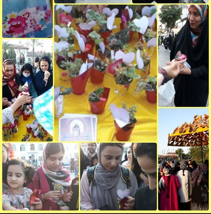 برپايي غرفههاي امربه معروف ونهي از منکر با اهداي گلدان گل و... به بانوان به همت کانون شهداي بلوکات روستاي کوکنه از توابع شهرستان رودبار
